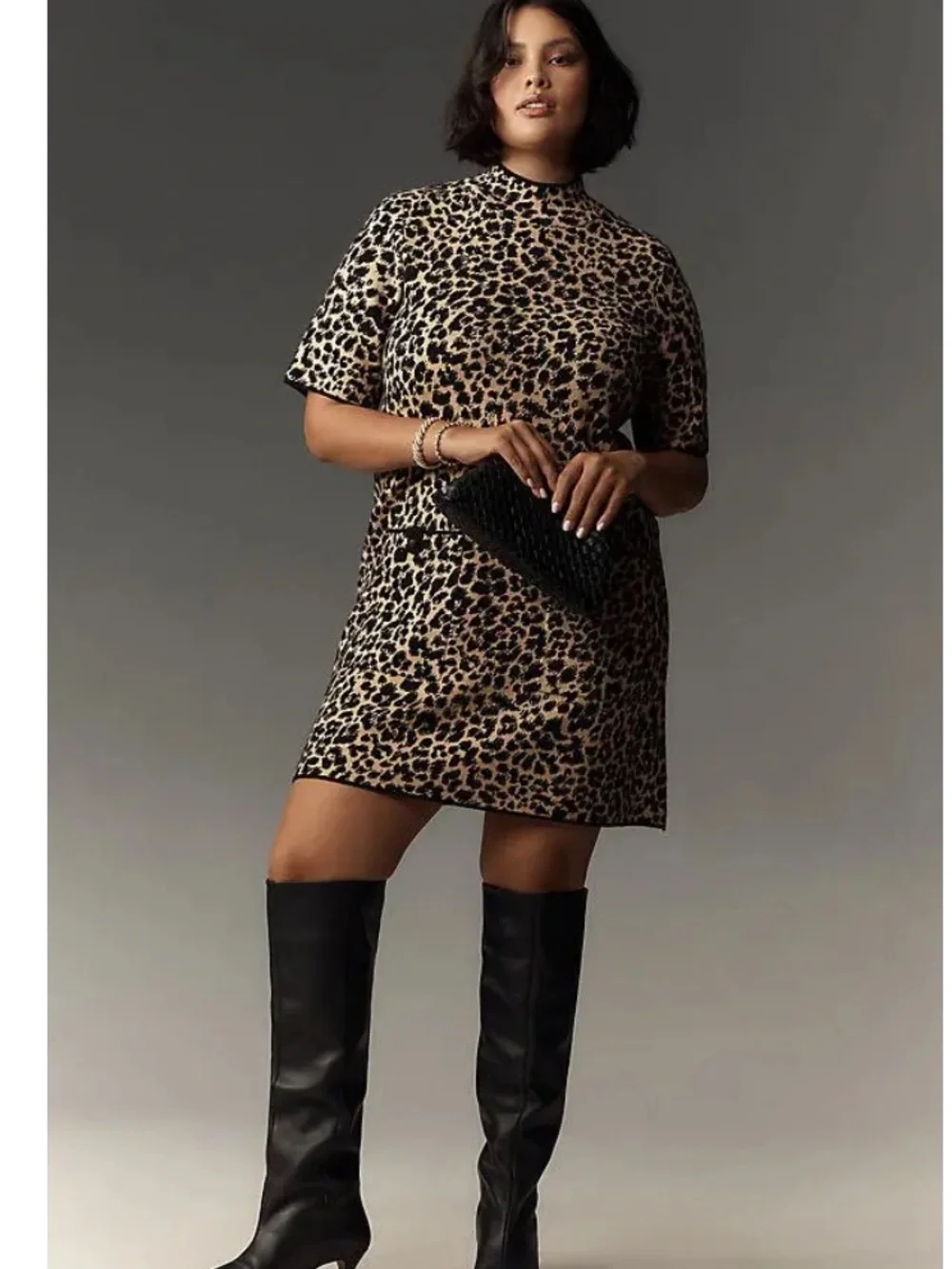 Anthropologie Maeve Knit Leopard Print Short Sleeve Dress in Black and Tan Large